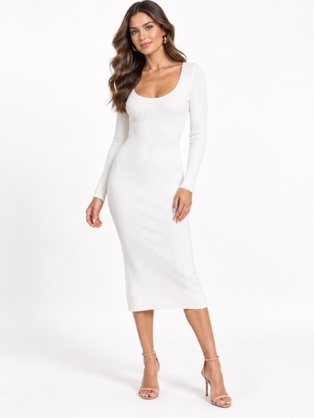 Ganni Size XS Ivory Scoop Neck Bodycon Ribbed Knit Midi Dress Flaw